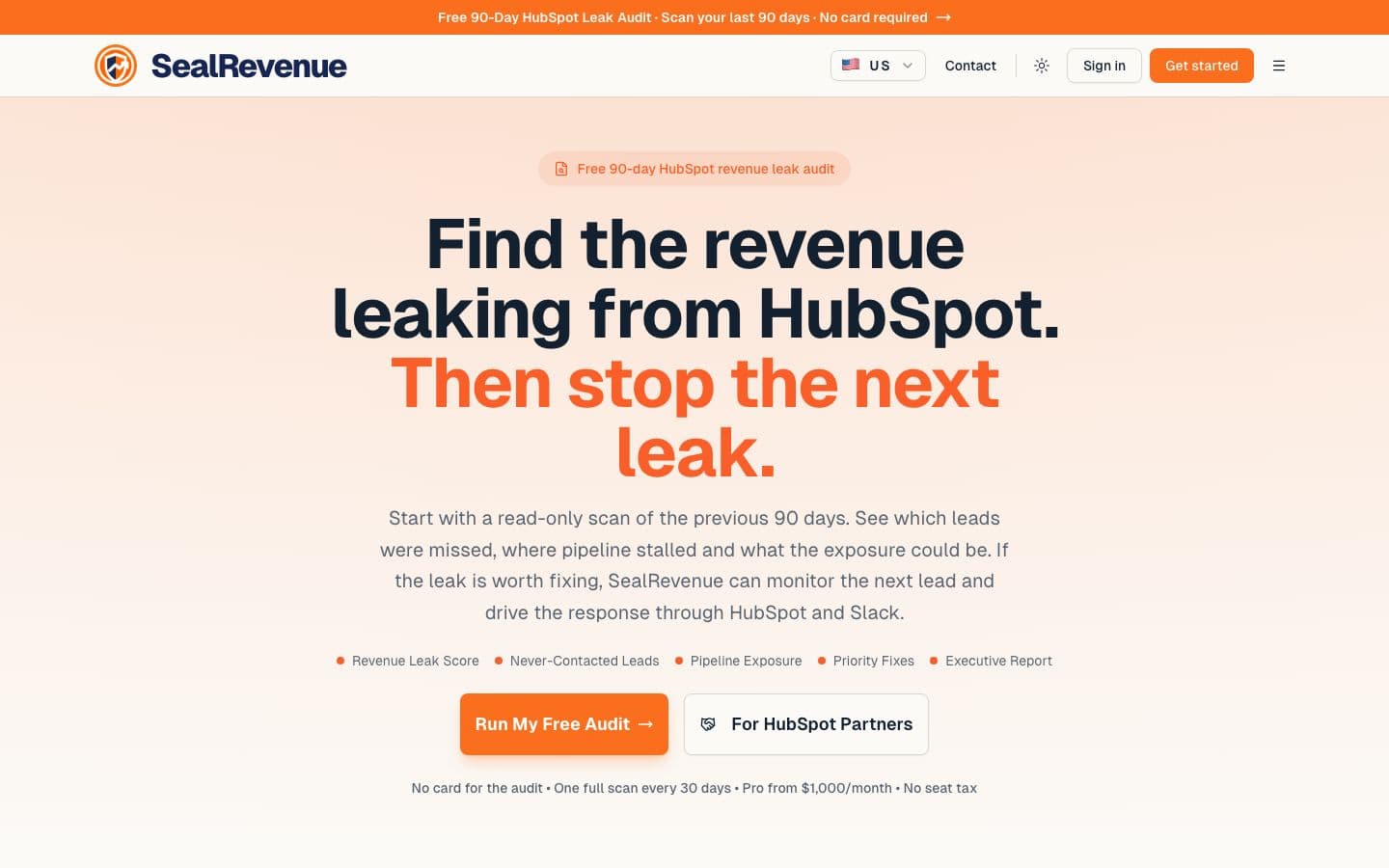 The SealRevenue home page: the headline "Find the revenue leaking from HubSpot. Then stop the next leak." above a free audit button.
