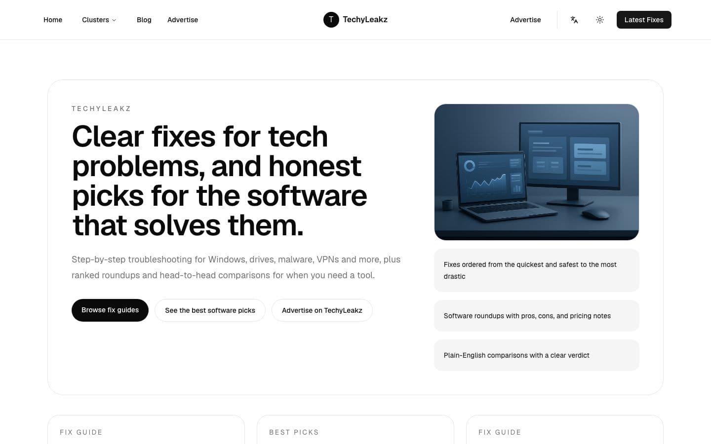 The TechyLeakz home page: the headline "Clear fixes for tech problems, and honest picks for the software that solves them." beside an illustration of a laptop and monitor.